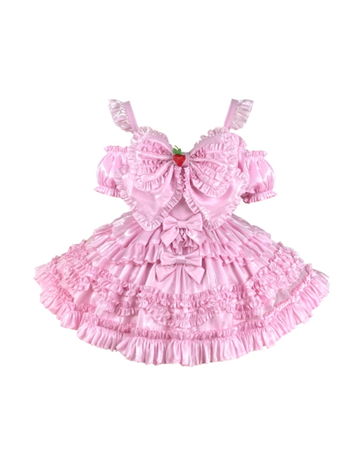 Pink Sweet Lolita Cute Strawberry Bowknot Decoration Oversized Bowknot Long Trailing Design Short-Sleeved Dress