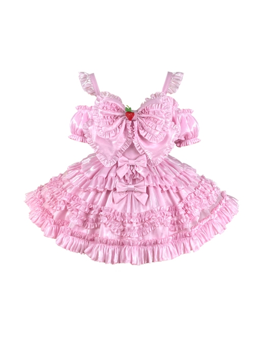 Pink Sweet Lolita Cute Strawberry Bowknot Decoration Oversized Bowknot Long Trailing Design Short-Sleeved Dress