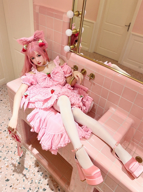 Pink Sweet Lolita Cute Strawberry Bowknot Decoration Oversized Bowknot Long Trailing Design Short-Sleeved Dress