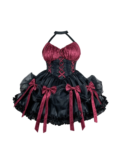 Succubus Rose Style Vintage Elegant Jacquard Lace-Up Bowknot Decoration Sexy Halter Neck Gothic Lolita Sleeveless Dress