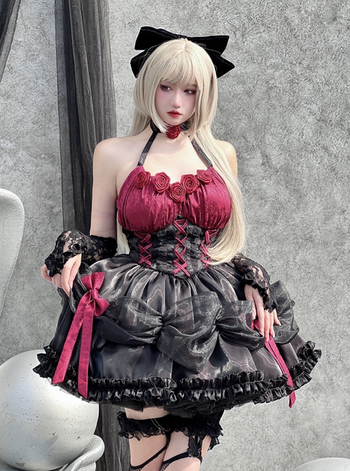 Succubus Rose Style Vintage Elegant Jacquard Lace-Up Bowknot Decoration Sexy Halter Neck Gothic Lolita Sleeveless Dress