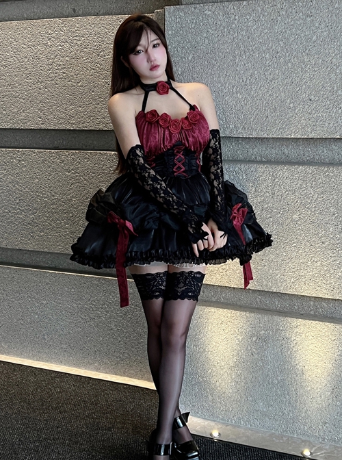 Succubus Rose Style Vintage Elegant Jacquard Lace-Up Bowknot Decoration Sexy Halter Neck Gothic Lolita Sleeveless Dress