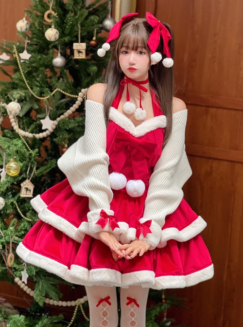 Christmas Autumn Red Velvet White Plush Bowknot Decoration Sweet Lolita Sleeveless Dress