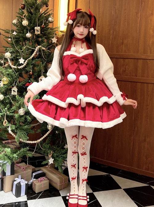 Christmas Autumn Red Velvet White Plush Bowknot Decoration Sweet Lolita Sleeveless Dress