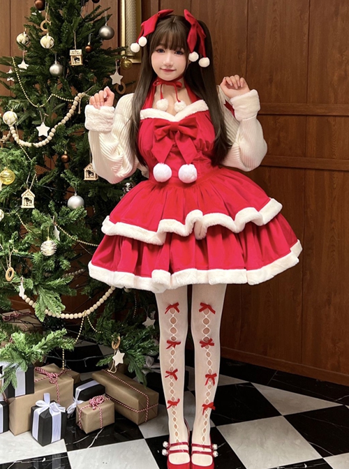 Christmas Autumn Red Velvet White Plush Bowknot Decoration Sweet Lolita Sleeveless Dress