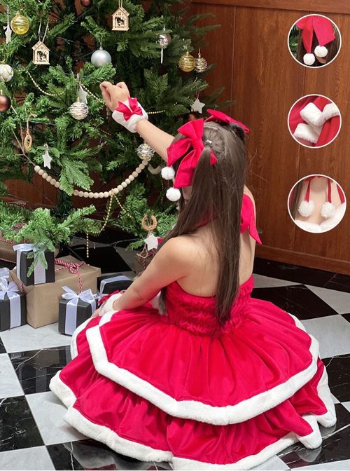 Christmas Autumn Red Velvet White Plush Bowknot Decoration Sweet Lolita Sleeveless Dress