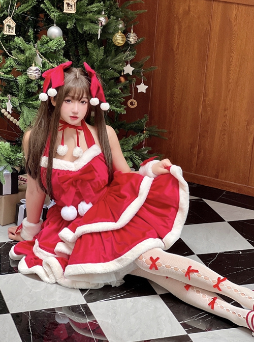 Christmas Autumn Red Velvet White Plush Bowknot Decoration Sweet Lolita Sleeveless Dress