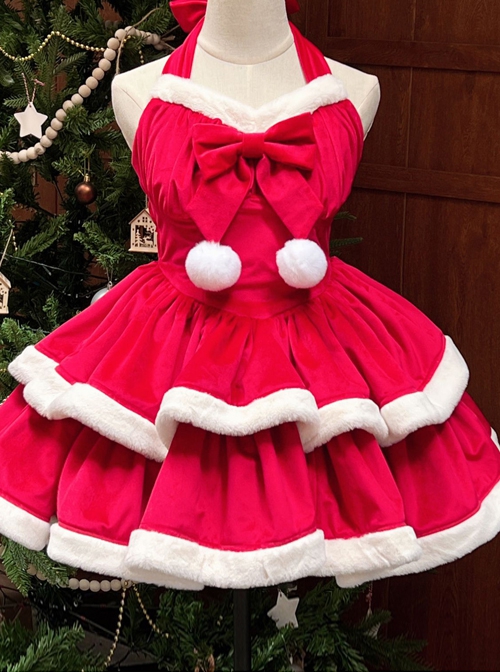 Christmas Autumn Red Velvet White Plush Bowknot Decoration Sweet Lolita Sleeveless Dress