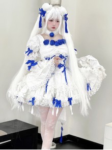 White Moon Series Chinese Style New Chinese Style Three-Dimensional Jacquard Blue Rose Bowknot Decoration Gothic Lolita Short-Sleeved Dress