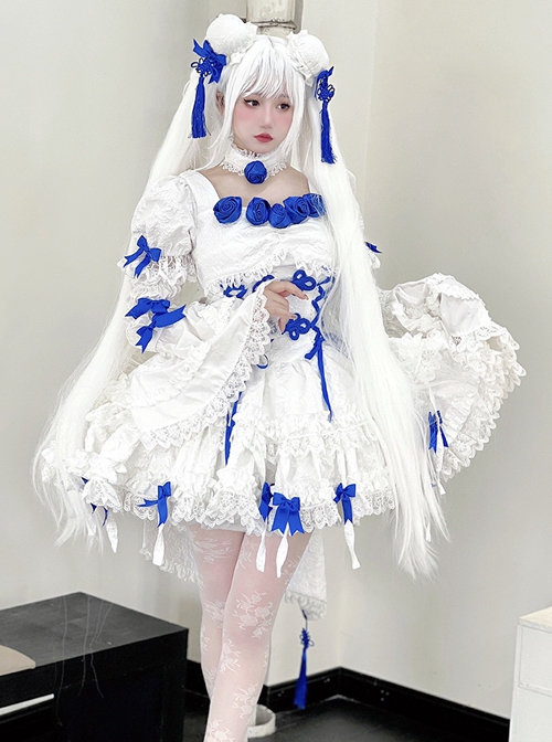 White Moon Series Chinese Style New Chinese Style Three-Dimensional Jacquard Blue Rose Bowknot Decoration Gothic Lolita Short-Sleeved Dress