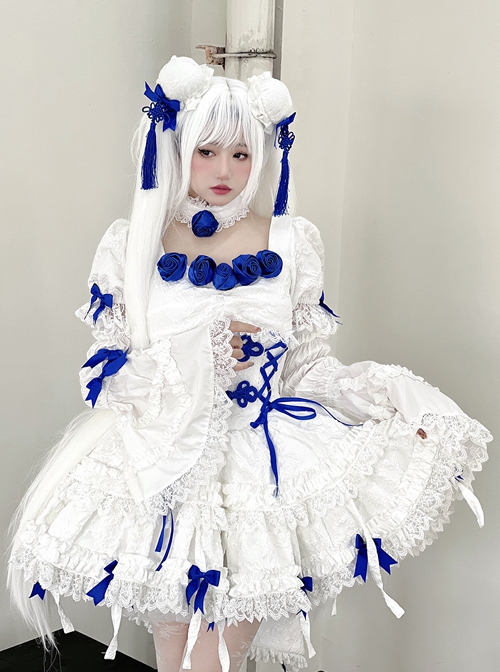 White Moon Series Chinese Style New Chinese Style Three-Dimensional Jacquard Blue Rose Bowknot Decoration Gothic Lolita Short-Sleeved Dress