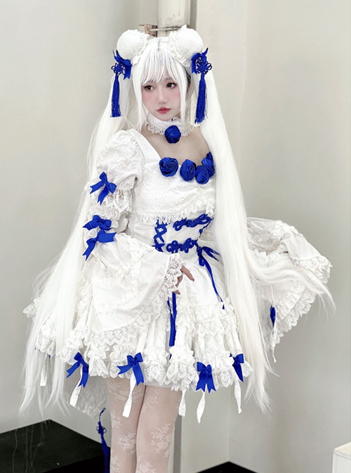 White Moon Series Chinese Style New Chinese Style Three-Dimensional Jacquard Blue Rose Bowknot Decoration Gothic Lolita Short-Sleeved Dress
