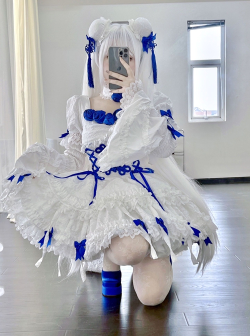 White Moon Series Chinese Style New Chinese Style Three-Dimensional Jacquard Blue Rose Bowknot Decoration Gothic Lolita Short-Sleeved Dress