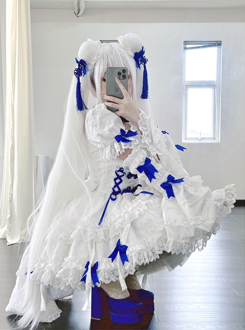 White Moon Series Chinese Style New Chinese Style Three-Dimensional Jacquard Blue Rose Bowknot Decoration Gothic Lolita Short-Sleeved Dress