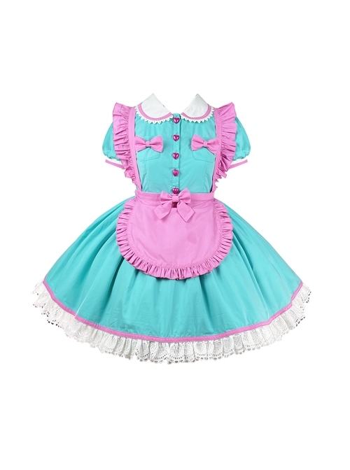 Vintage Playful Maid Coffee Cute Lace Doll Collar Pink Bowknot Apron Sweet Lolita Short Sleeve Dress