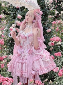 Pink Three-Dimensional Rose Bowknot Jacquard Lace Halter Design Sweet Lolita Sleeveless Dress