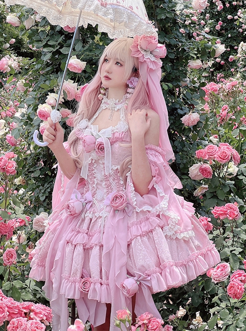 Pink Three-Dimensional Rose Bowknot Jacquard Lace Halter Design Sweet Lolita Sleeveless Dress