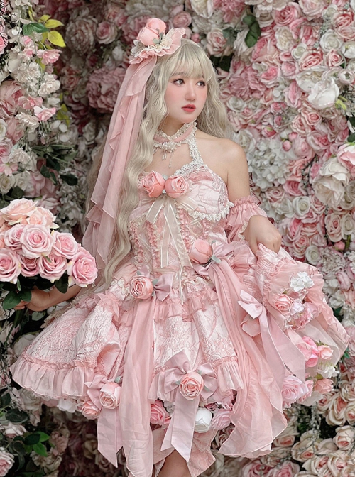 Pink Three-Dimensional Rose Bowknot Jacquard Lace Halter Design Sweet Lolita Sleeveless Dress