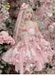 Pink Three-Dimensional Rose Bowknot Jacquard Lace Halter Design Sweet Lolita Sleeveless Dress