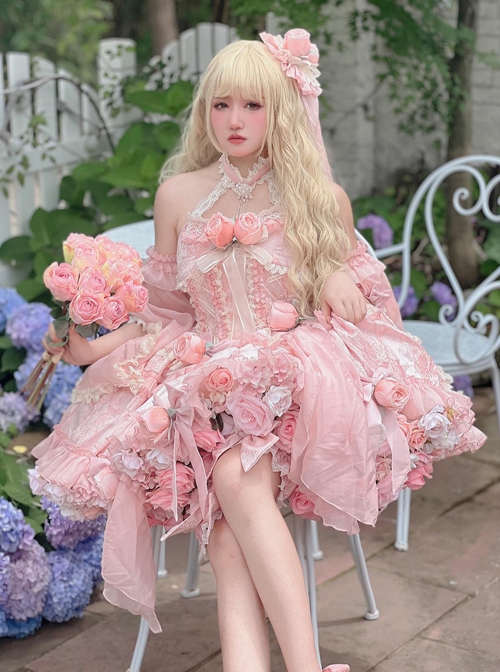 Pink Three-Dimensional Rose Bowknot Jacquard Lace Halter Design Sweet Lolita Sleeveless Dress