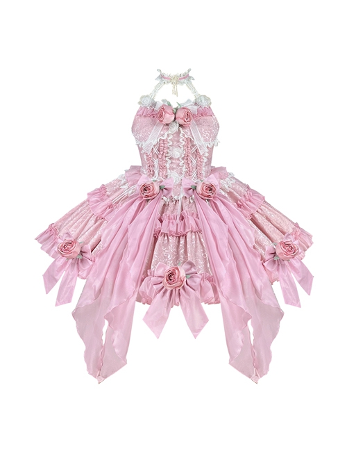 Pink Three-Dimensional Rose Bowknot Jacquard Lace Halter Design Sweet Lolita Sleeveless Dress