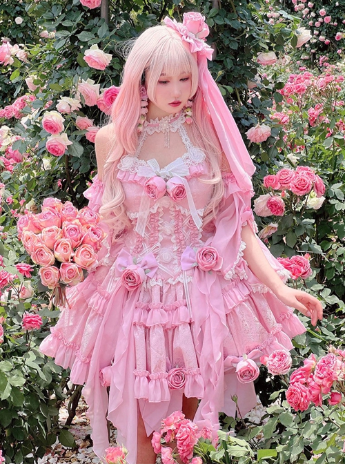 Pink Three-Dimensional Rose Bowknot Jacquard Lace Halter Design Sweet Lolita Sleeveless Dress