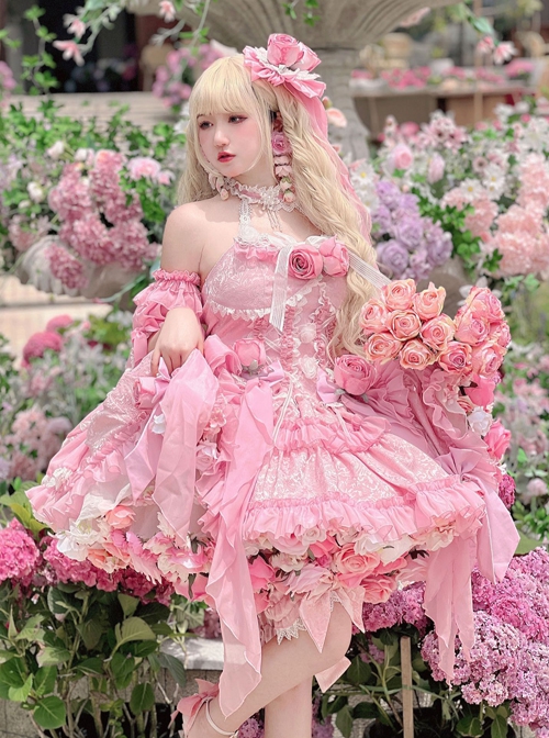 Pink Three-Dimensional Rose Bowknot Jacquard Lace Halter Design Sweet Lolita Sleeveless Dress