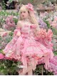 Pink Three-Dimensional Rose Bowknot Jacquard Lace Halter Design Sweet Lolita Sleeveless Dress