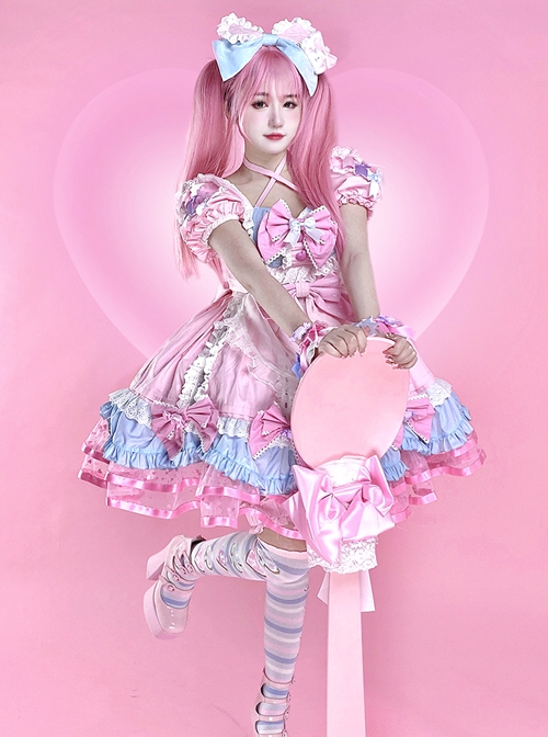 Sweet Lolita Doll Feel Candy Apron Bowknot Decorate Cute Short Sleeve Dress Set