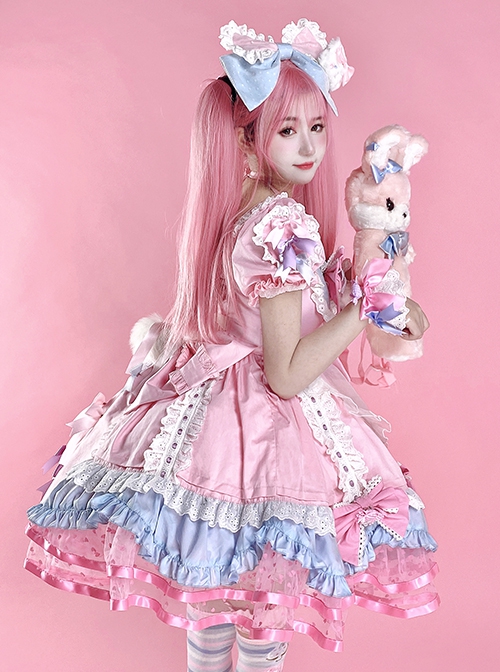 Sweet Lolita Doll Feel Candy Apron Bowknot Decorate Cute Short Sleeve Dress Set