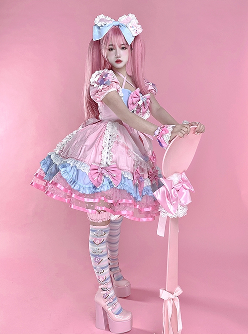 Sweet Lolita Doll Feel Candy Apron Bowknot Decorate Cute Short Sleeve Dress Set