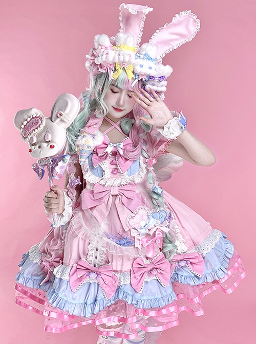 Sweet Lolita Doll Feel Candy Apron Bowknot Decorate Cute Short Sleeve Dress Set