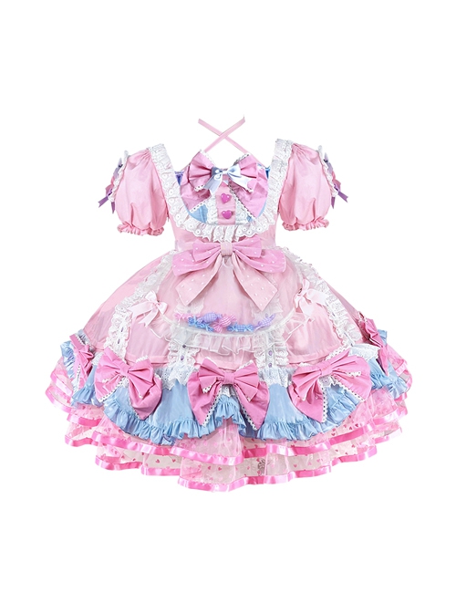 Sweet Lolita Doll Feel Candy Apron Bowknot Decorate Cute Short Sleeve Dress Set