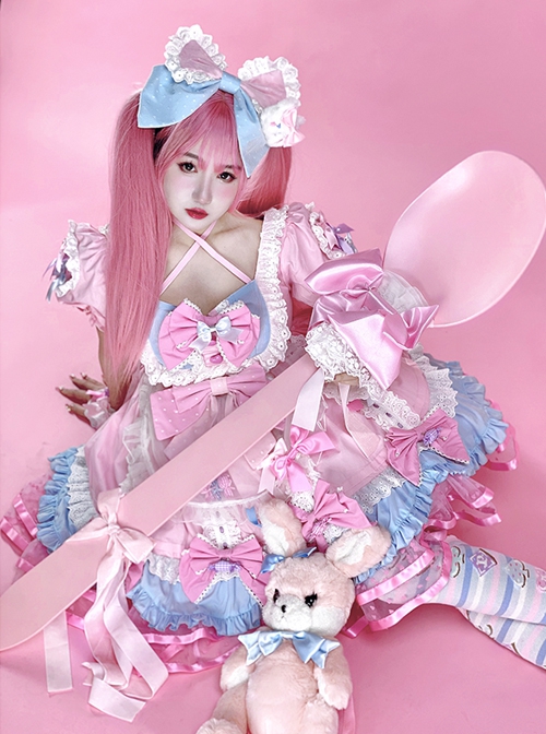 Sweet Lolita Doll Feel Candy Apron Bowknot Decorate Cute Short Sleeve Dress Set