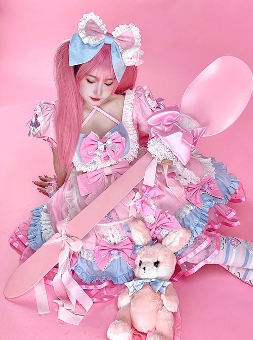 Sweet Lolita Doll Feel Candy Apron Bowknot Decorate Cute Short Sleeve Dress Set