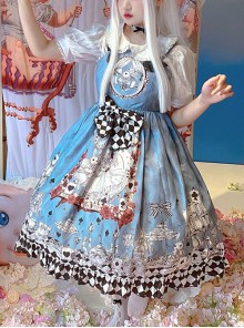 Gothic Style Alice Poker Black-White Plaid Printing Gray Blue Gothic Lolita Sleeveless Dress