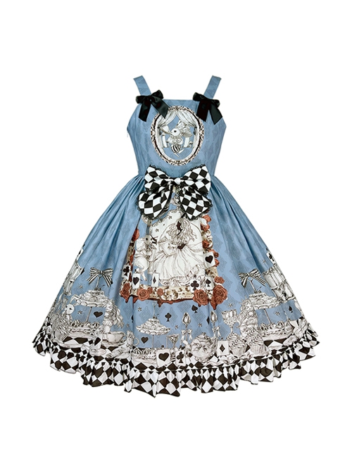 Gothic Style Alice Poker Black-White Plaid Printing Gray Blue Gothic Lolita Sleeveless Dress