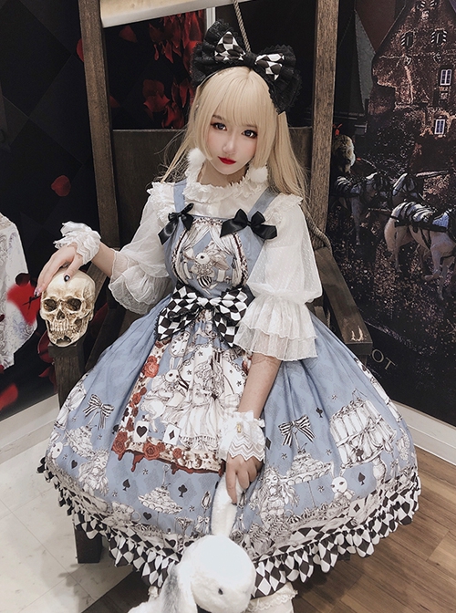 Gothic Style Alice Poker Black-White Plaid Printing Gray Blue Gothic Lolita Sleeveless Dress