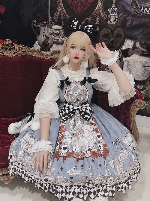 Gothic Style Alice Poker Black-White Plaid Printing Gray Blue Gothic Lolita Sleeveless Dress