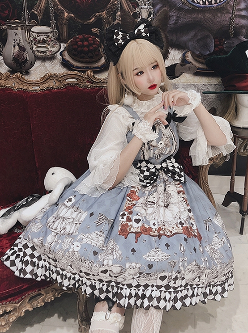 Gothic Style Alice Poker Black-White Plaid Printing Gray Blue Gothic Lolita Sleeveless Dress