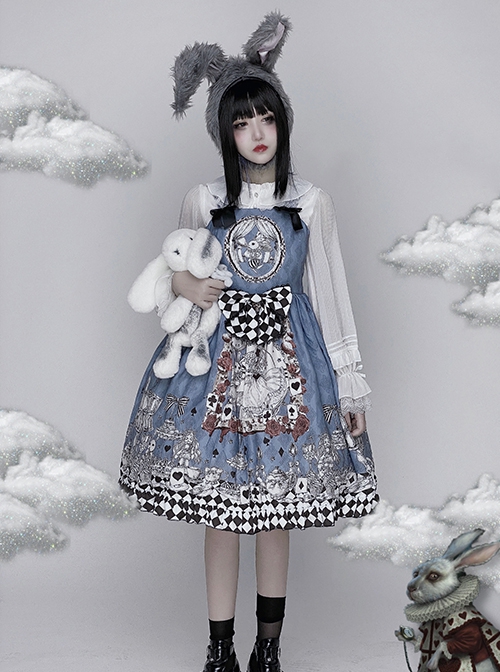 Gothic Style Alice Poker Black-White Plaid Printing Gray Blue Gothic Lolita Sleeveless Dress