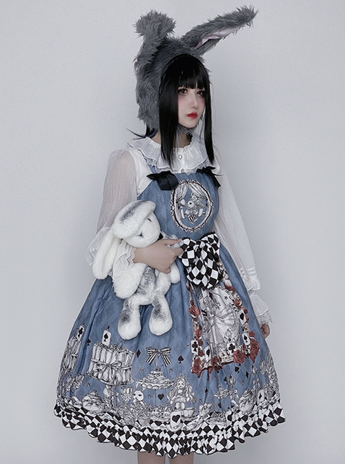 Gothic Style Alice Poker Black-White Plaid Printing Gray Blue Gothic Lolita Sleeveless Dress