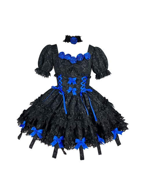 Gothic Vintage Rose Square Neck Jacquard Puff Sleeves Bowknot Decorate Hem Gothic Lolita Short Sleeve Dress Set