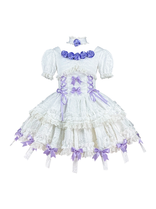 Gothic Vintage Rose Square Neck Jacquard Puff Sleeves Bowknot Decorate Hem Gothic Lolita Short Sleeve Dress Set