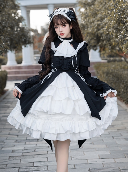 Contract Phantom Night Stone Series Gothic Girl Court Style Black White Detachable Sleeves Gothic Lolita Short-Sleeved Dress