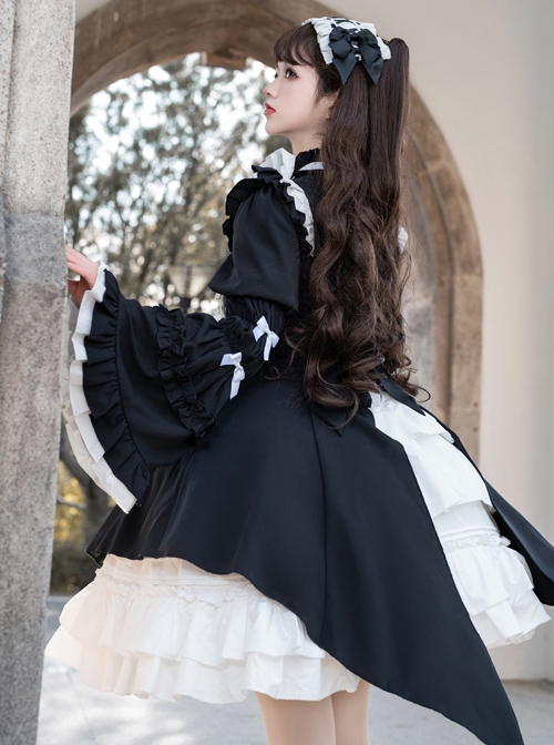 Contract Phantom Night Stone Series Gothic Girl Court Style Black White Detachable Sleeves Gothic Lolita Short-Sleeved Dress