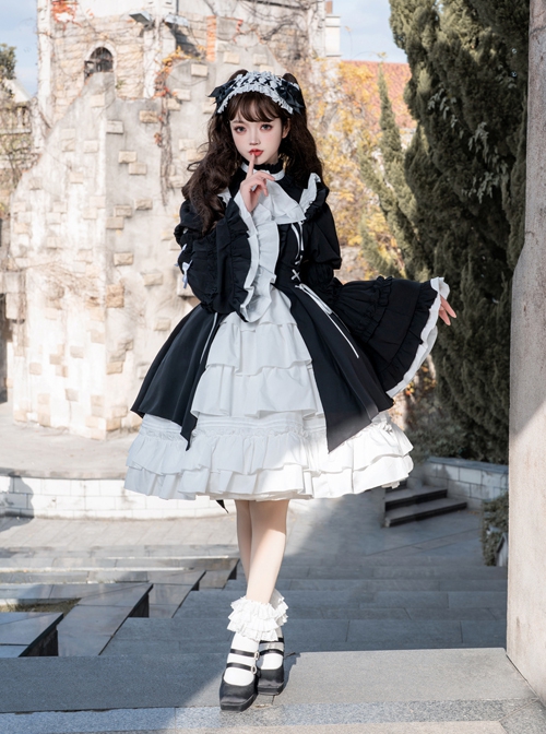 Contract Phantom Night Stone Series Gothic Girl Court Style Black White Detachable Sleeves Gothic Lolita Short-Sleeved Dress