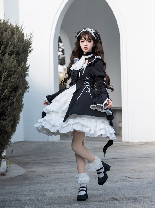 Contract Phantom Night Stone Series Gothic Girl Court Style Black White Detachable Sleeves Gothic Lolita Short-Sleeved Dress