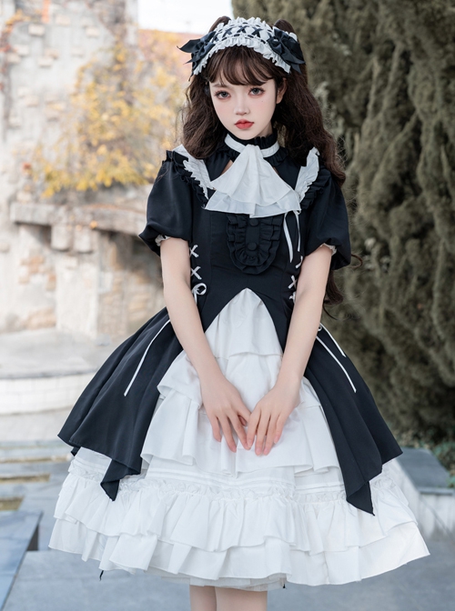 Contract Phantom Night Stone Series Gothic Girl Court Style Black White Detachable Sleeves Gothic Lolita Short-Sleeved Dress