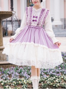 Pastoral Style Retro Elegant Lace Velvet Stitching Spring-Autumn Lace-Up Classic Lolita Long-Sleeved Dress